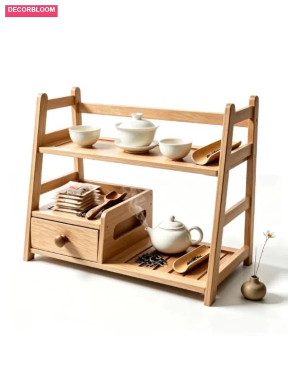 Bamboo Tea Matcha Coffee Storage Organizer with Drawer, Two-Tier
